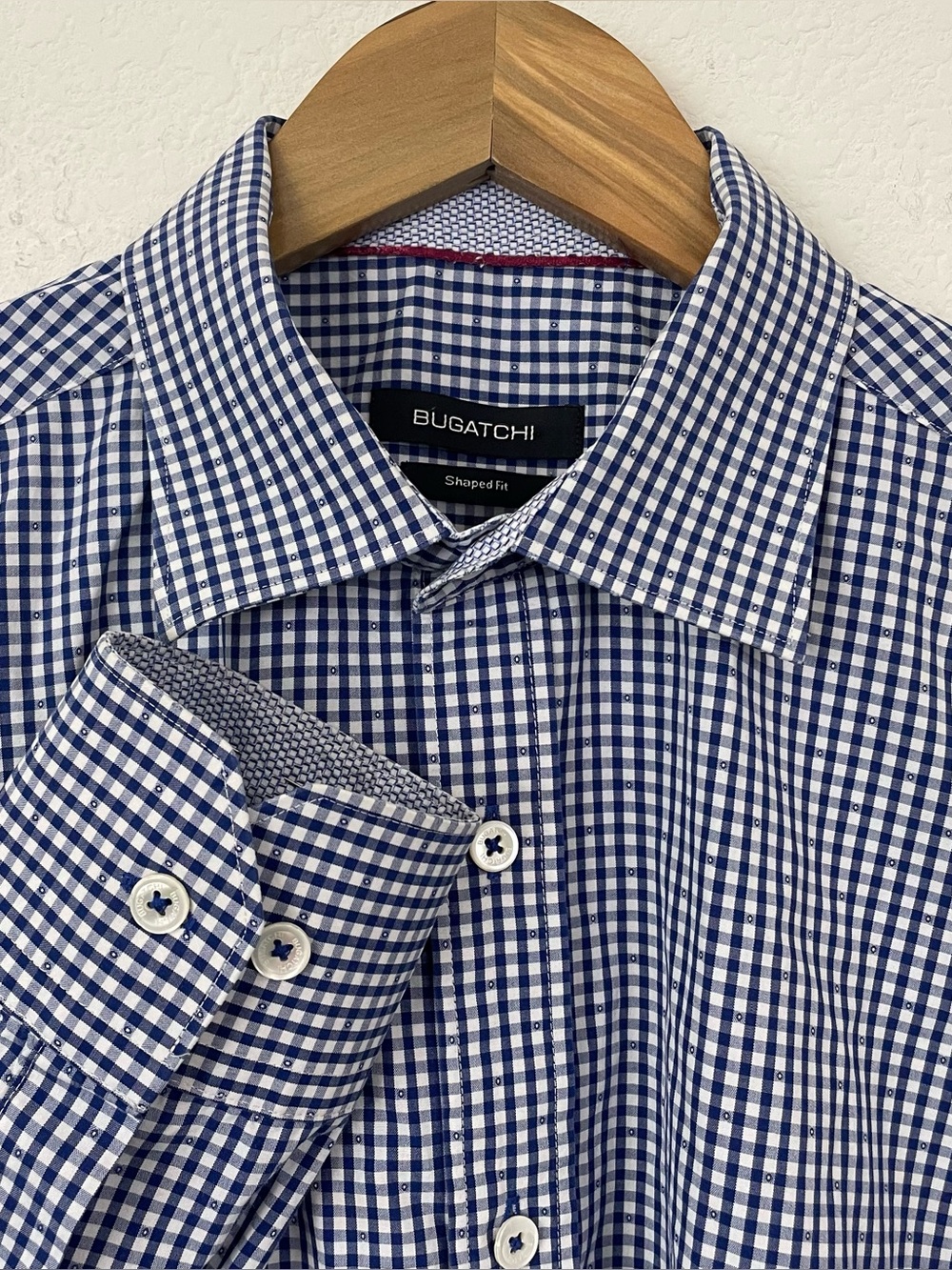 Buchatgi Shaped Fit Men's L Blue White Gingham Check‎ 100% Cotton Button Shirt